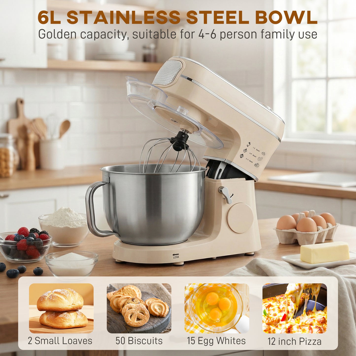 6L 1400W Stand Mixer with 11 Speeds & Fermentation Function, Cream