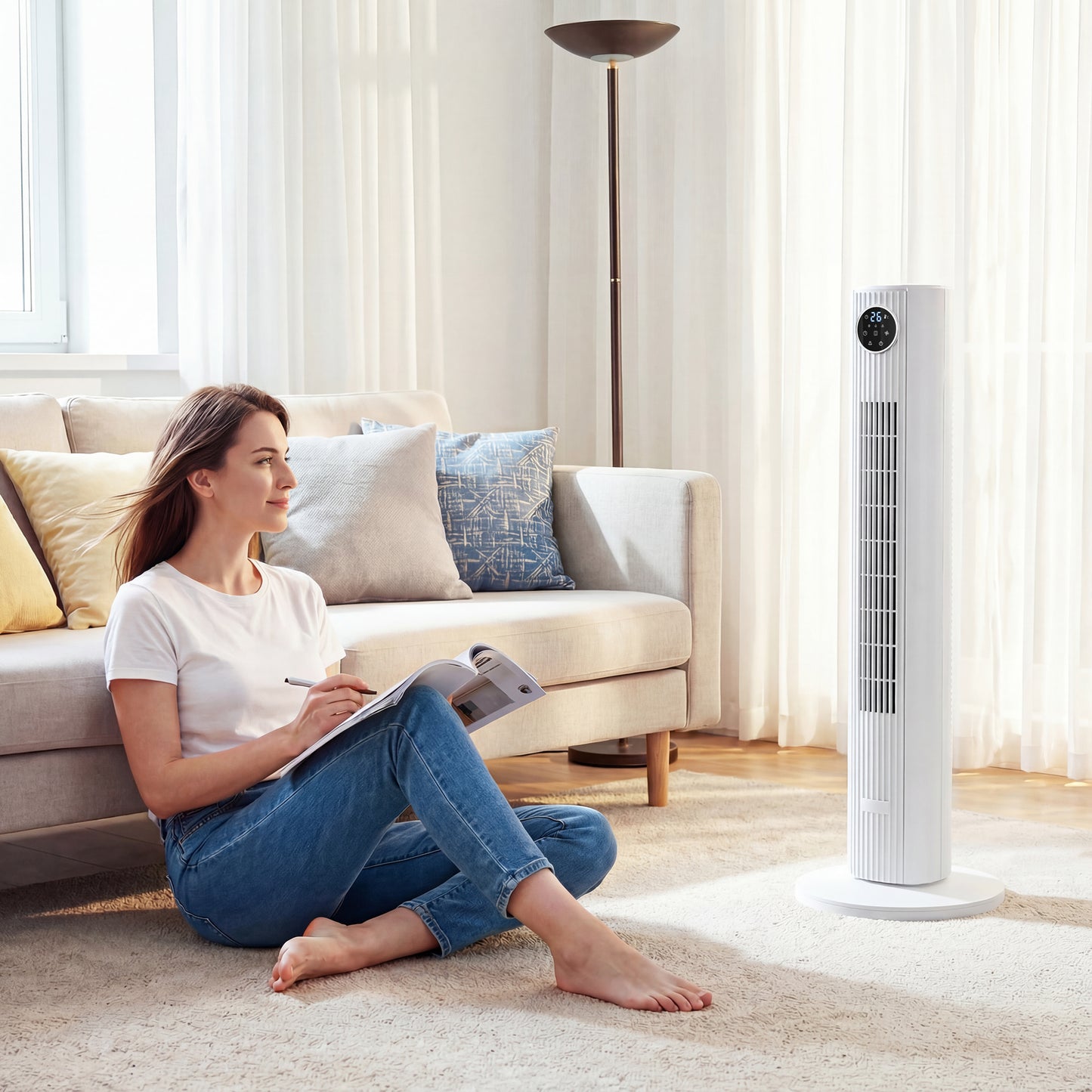28dB Tower Fan for Bedroom, 26 ft/s Velocity Standing Fan, White