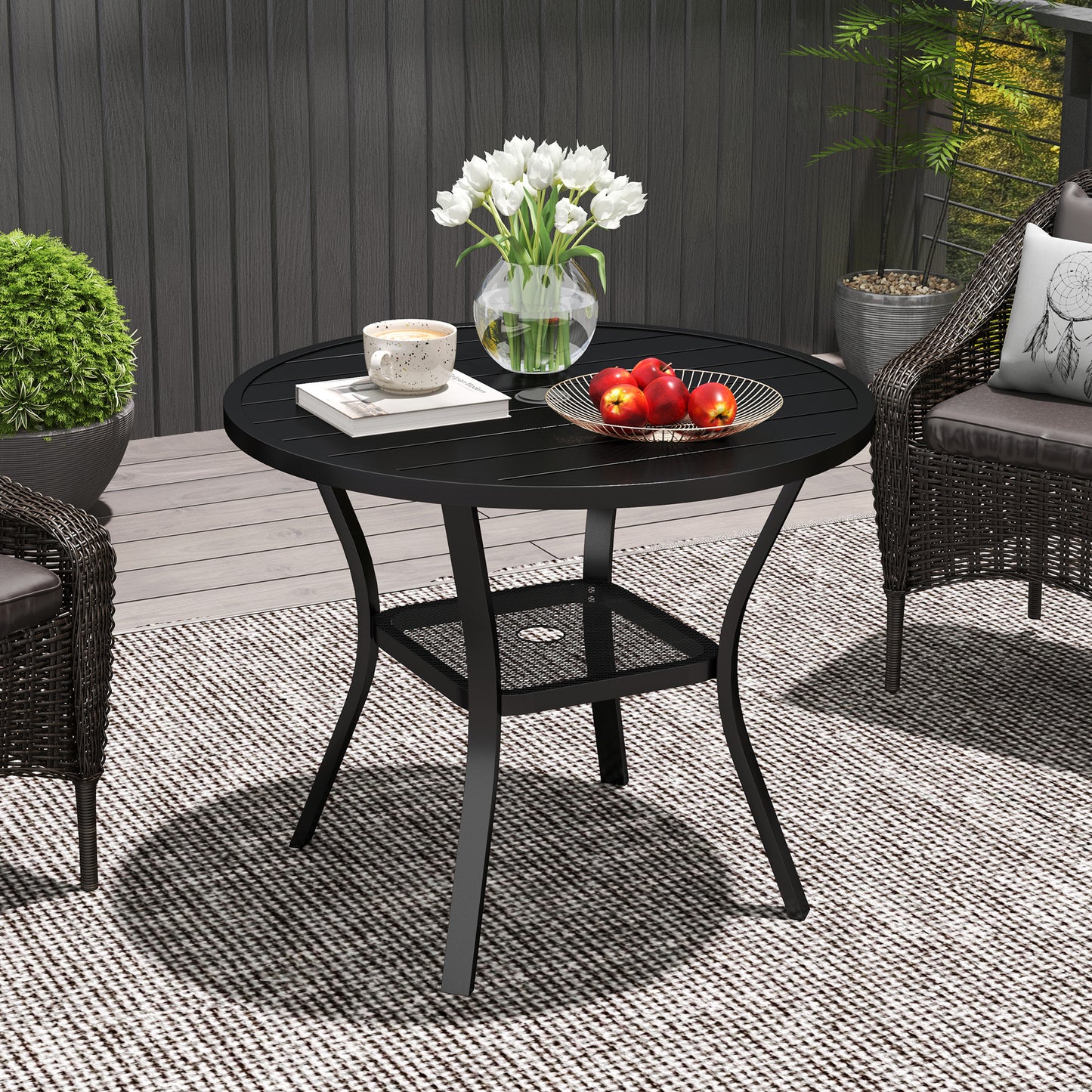 90 cm Garden Dining Table, Round Garden Table with Parasol Hole