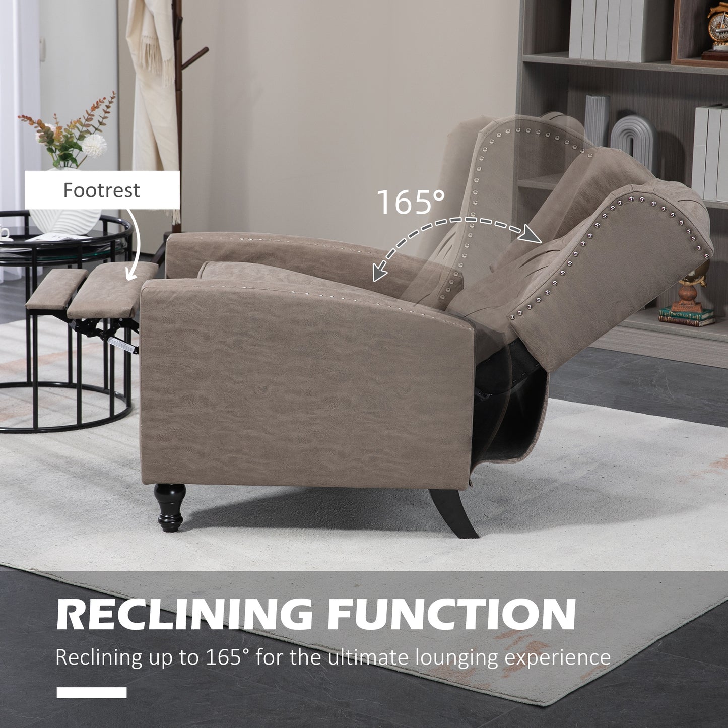 Marble Effect Manual Reclining Armchair w/ Footrest Studs Wood Legs Brown