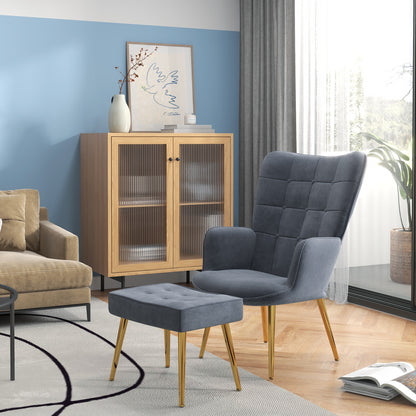 Button Tufted Armchair with Footstool and Gold Tone Steel Legs Dark Grey