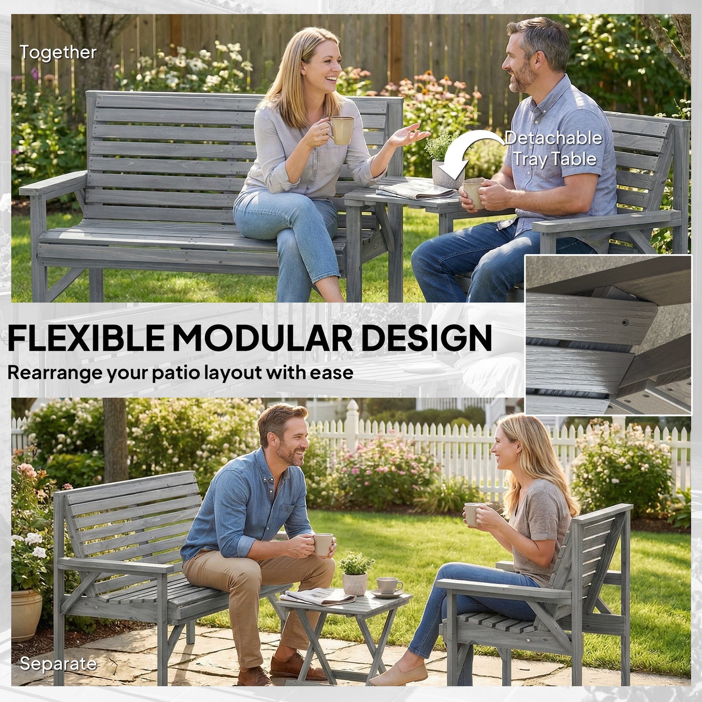 Wood Garden Furniture Set w/ Parasol Hole, Detachable Table, Grey