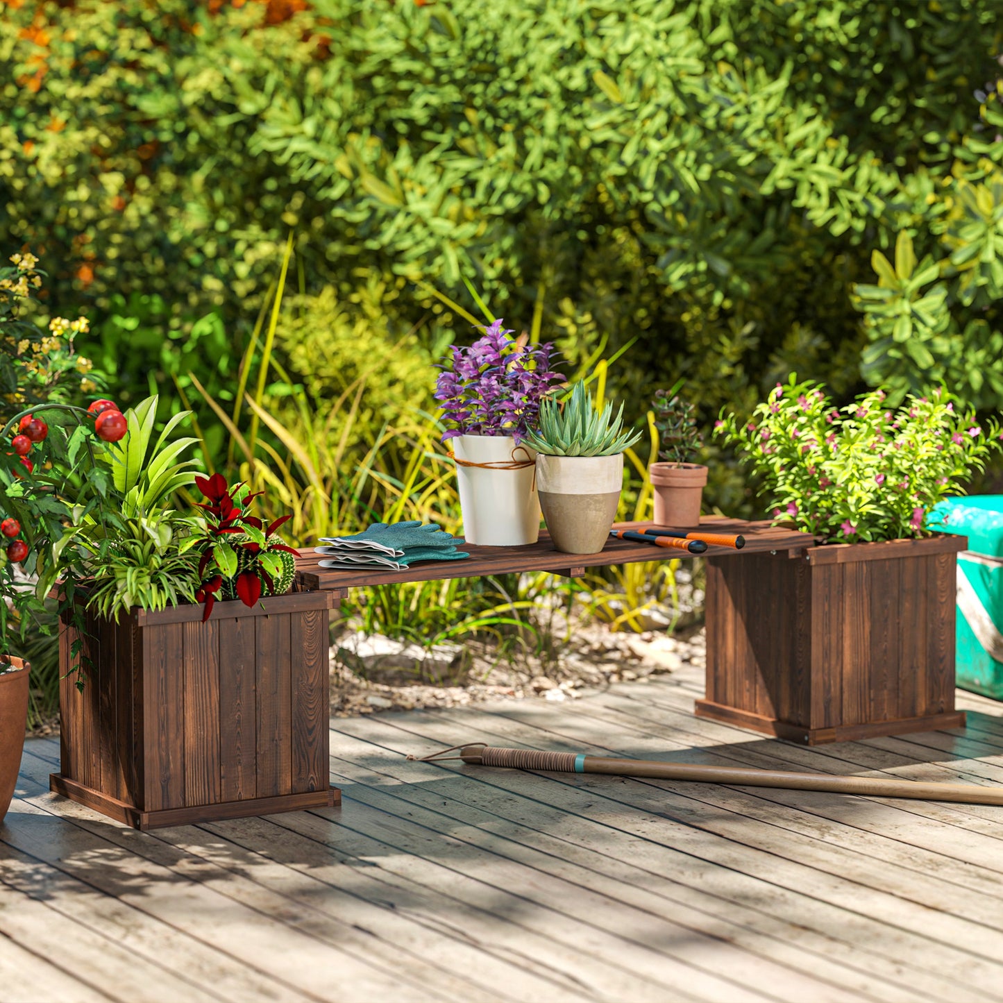 Wooden Garden Planter & Bench Combination Garden Raised Bed