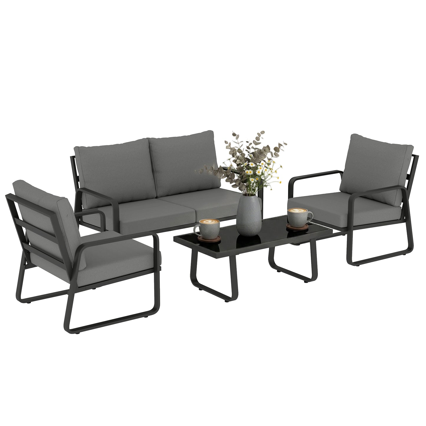 4 Piece Garden Furniture Set, Outdoor Sofa Set, Black