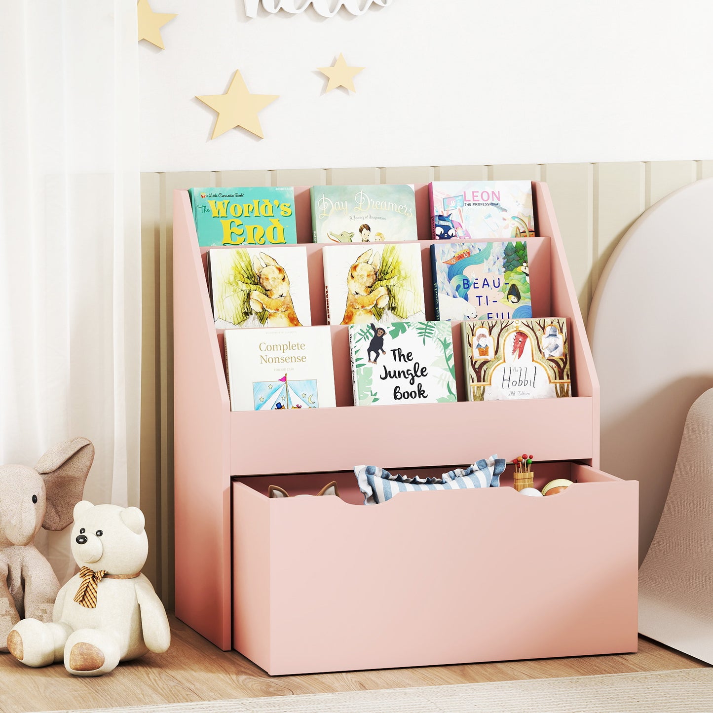 Kids Bookcase w/ 3 Tier Shelves, Drawer, for Bedroom, Nursery, Pink