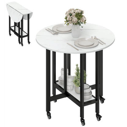 Folding Dining Table, Drop Leaf Table with Open Shelf, White Marble