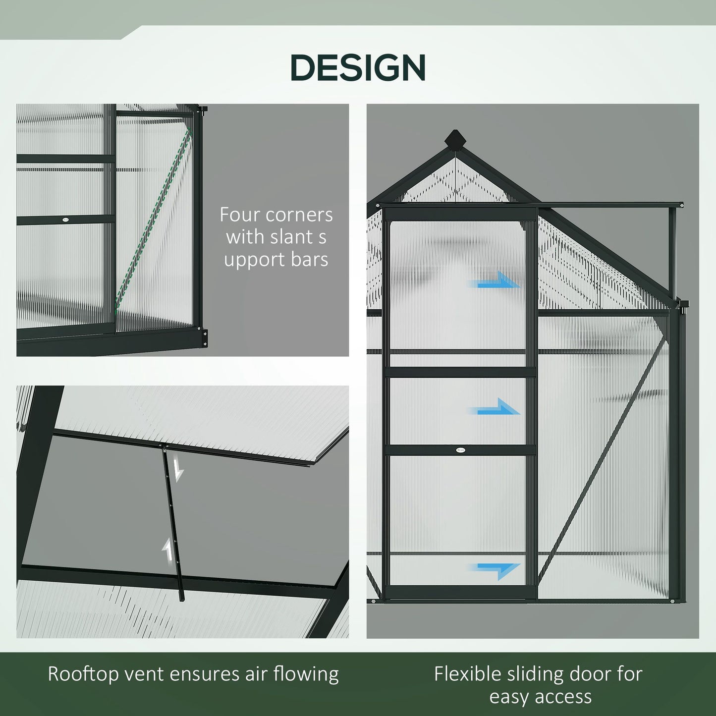 6 x 6ft Polycarbonate Greenhouse, Large Walk in Green House with Slide Door and Window, Grey