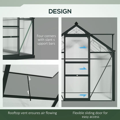 6 x 6ft Polycarbonate Greenhouse, Large Walk in Green House with Slide Door and Window, Grey