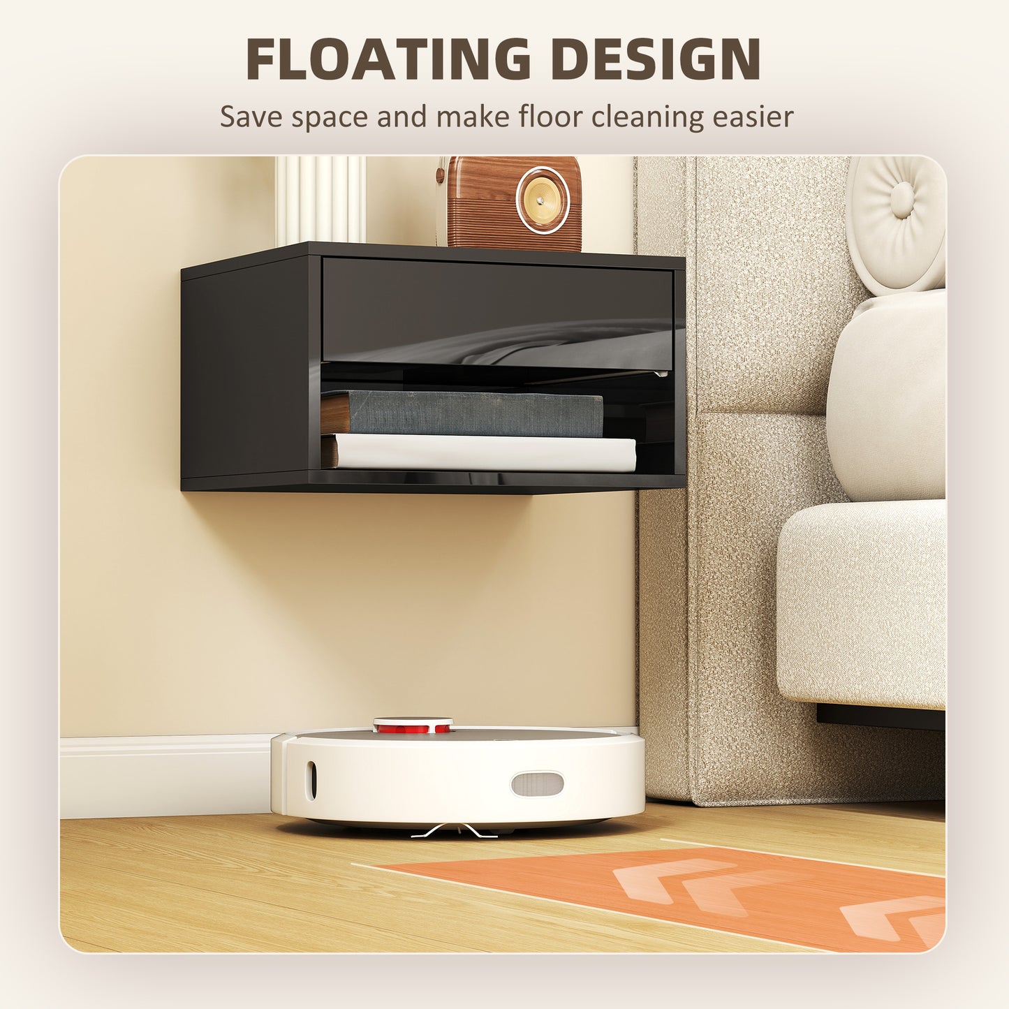 Floating Nightstands Set of 2, Bedside Table w/ Drawer and Open Shelf