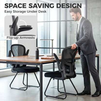 Reception Chair, Conference Meeting Office Chair with Flip-up Armrest, Mesh Backrest, Lumbar Support and Metal Base for Waiting Room Home Office, Black