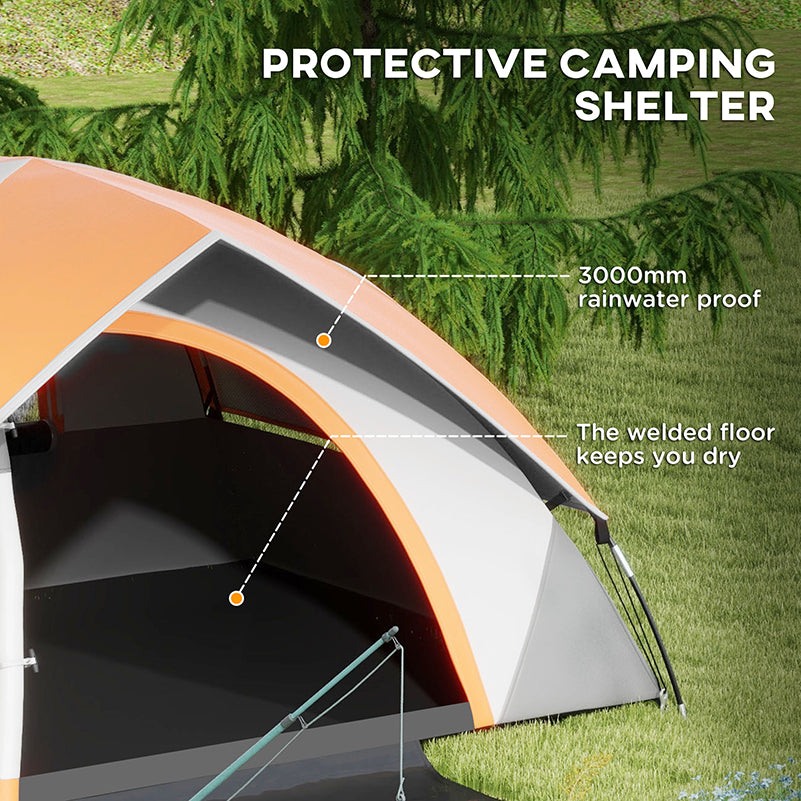 2 Man Camping Tent w/ Sewn-in Groundsheet, 3000mm Waterproof, Orange
