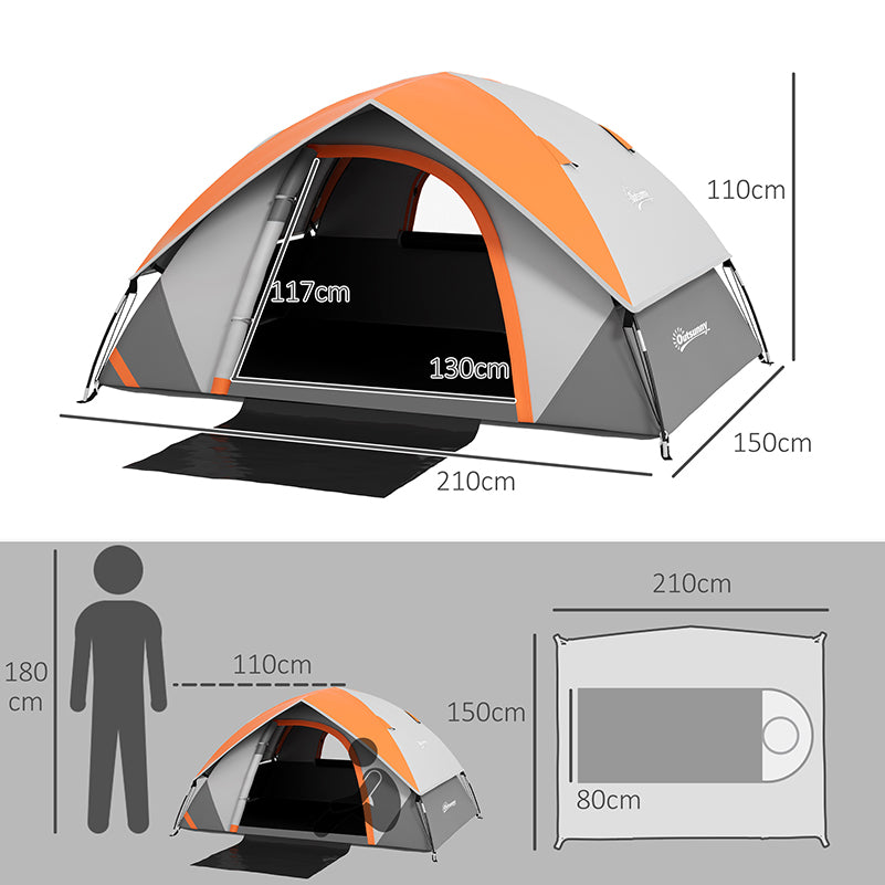 2 Man Camping Tent w/ Sewn-in Groundsheet, 3000mm Waterproof, Orange