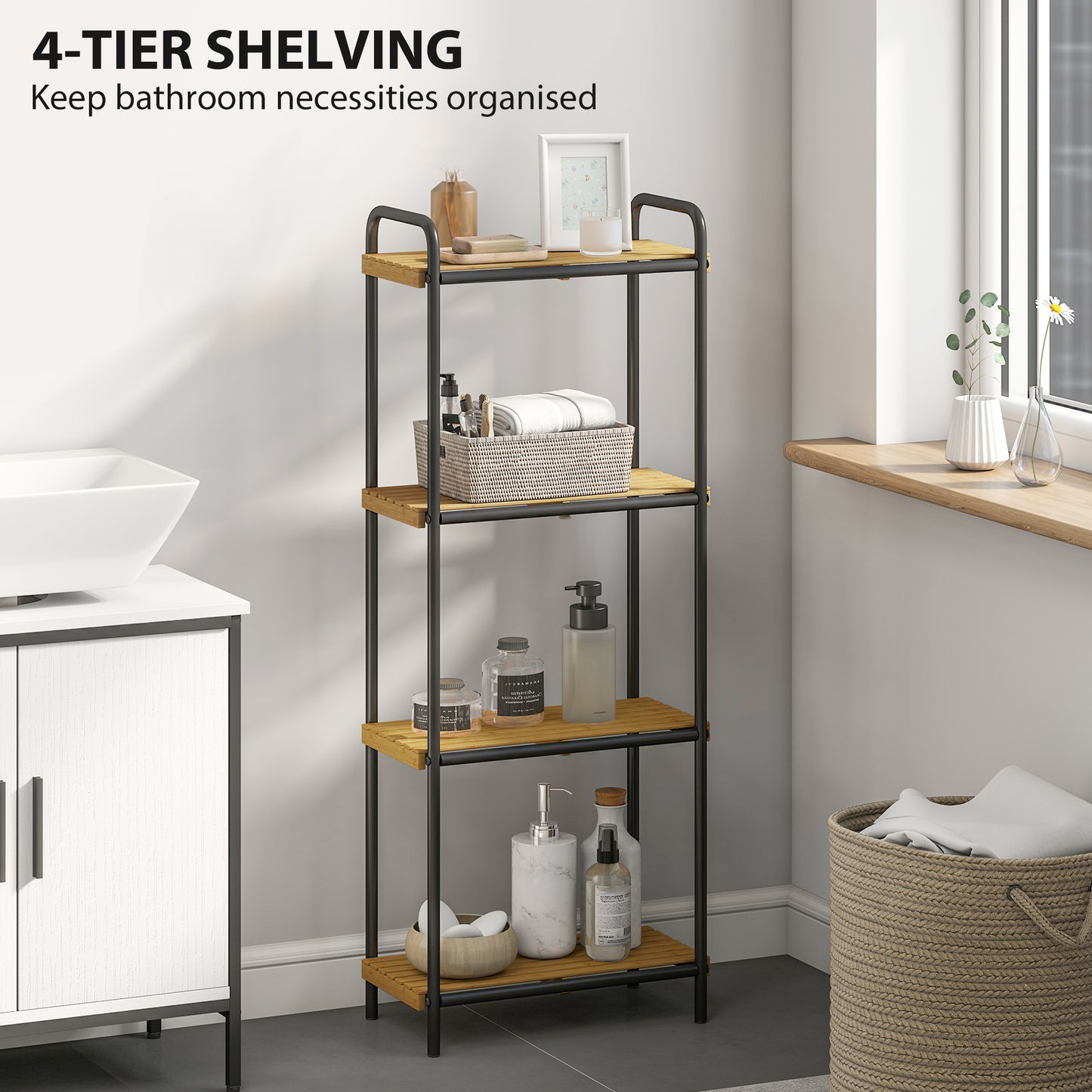4-Tier Bamboo Bathroom Shelf, Freestanding Shelving Unit, Natural