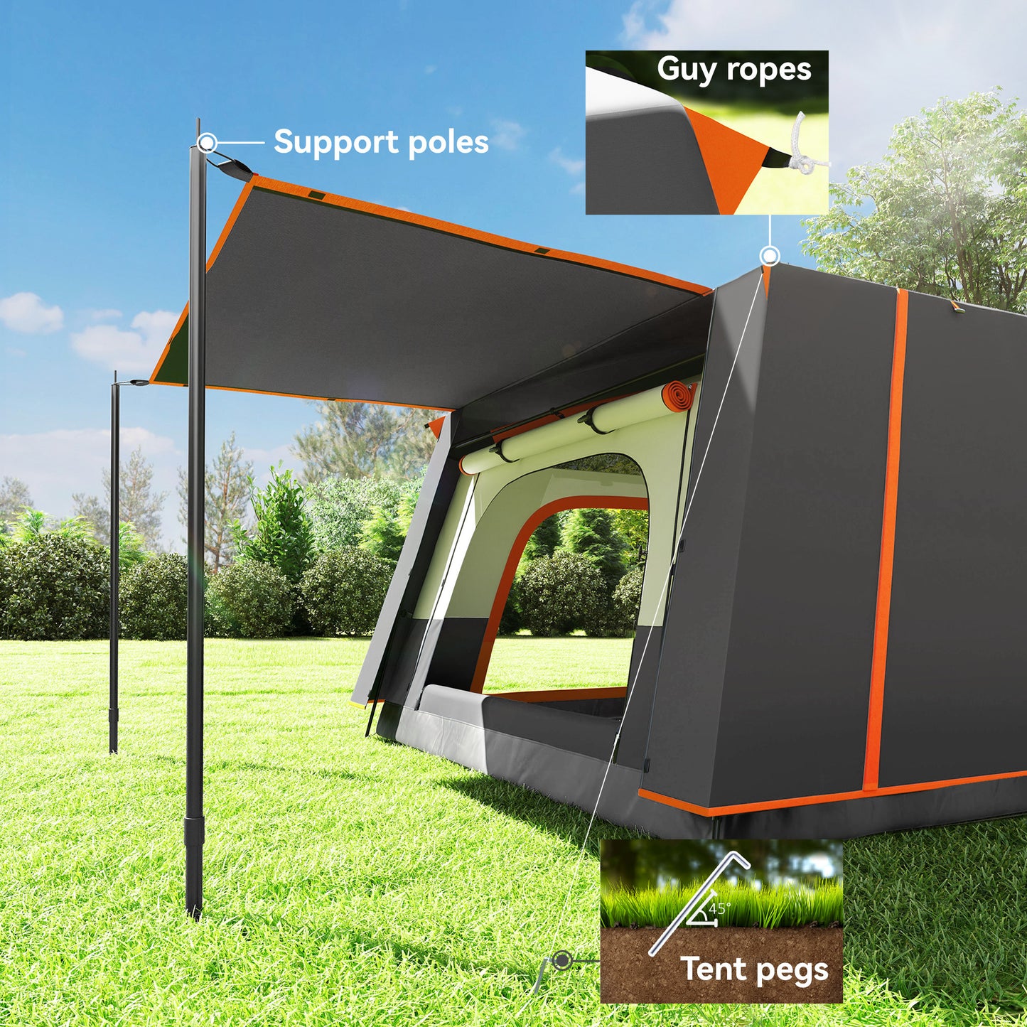 4-6 Man Camping Tent with 2 Bedroom, 3000mm Waterproof, Grey
