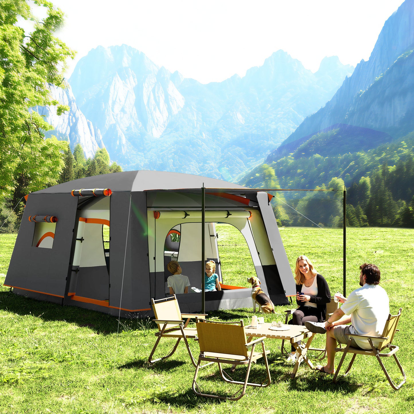 4-6 Man Camping Tent with 2 Bedroom, 3000mm Waterproof, Grey