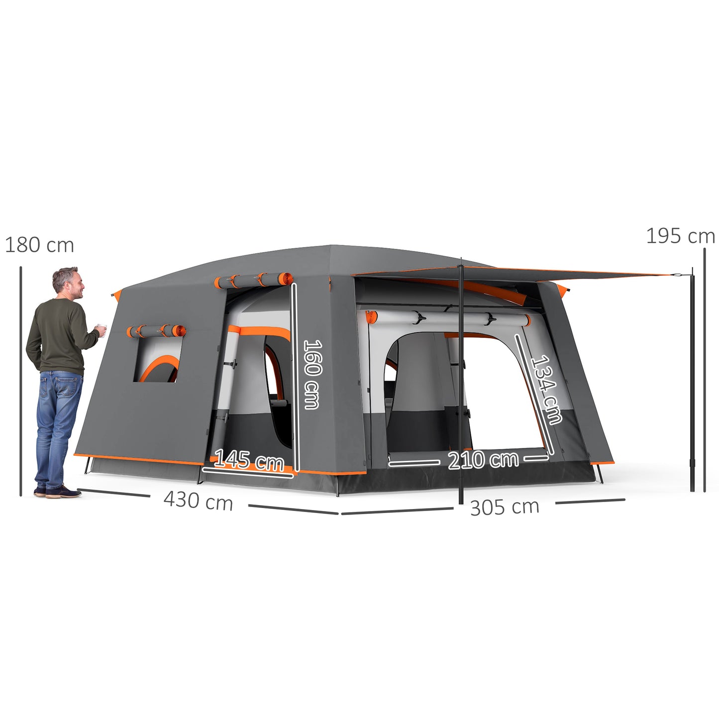 4-6 Man Camping Tent with 2 Bedroom, 3000mm Waterproof, Grey