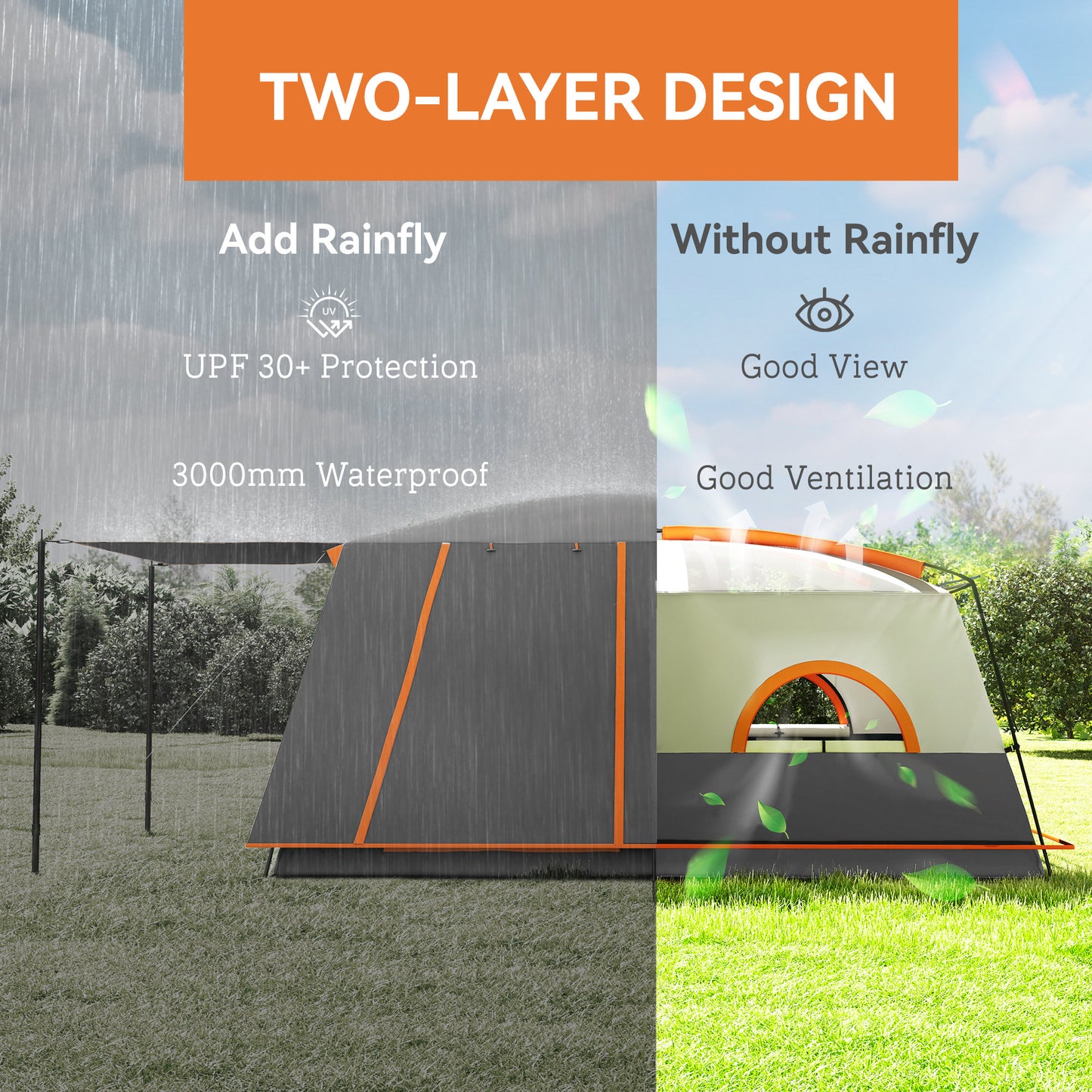 4-6 Man Camping Tent with 2 Bedroom, 3000mm Waterproof, Grey
