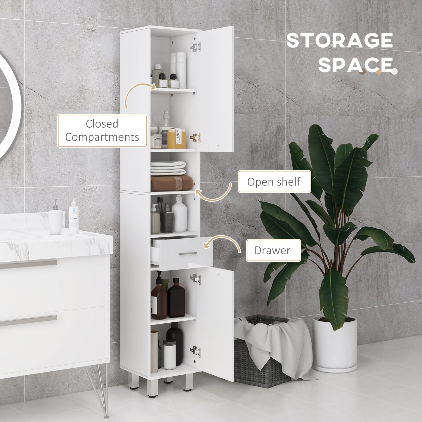 Tall Narrow Bathroom Storage Cabinet Cupboard w/ Cabinets, White