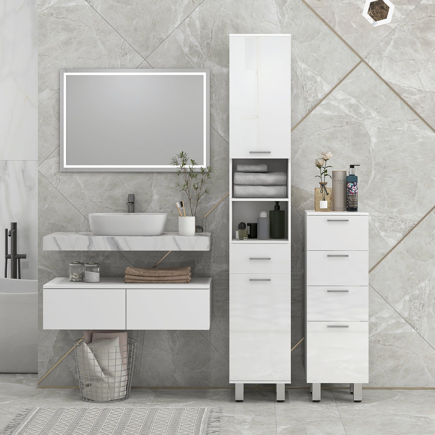 Tall Narrow Bathroom Storage Cabinet Cupboard w/ Cabinets, White