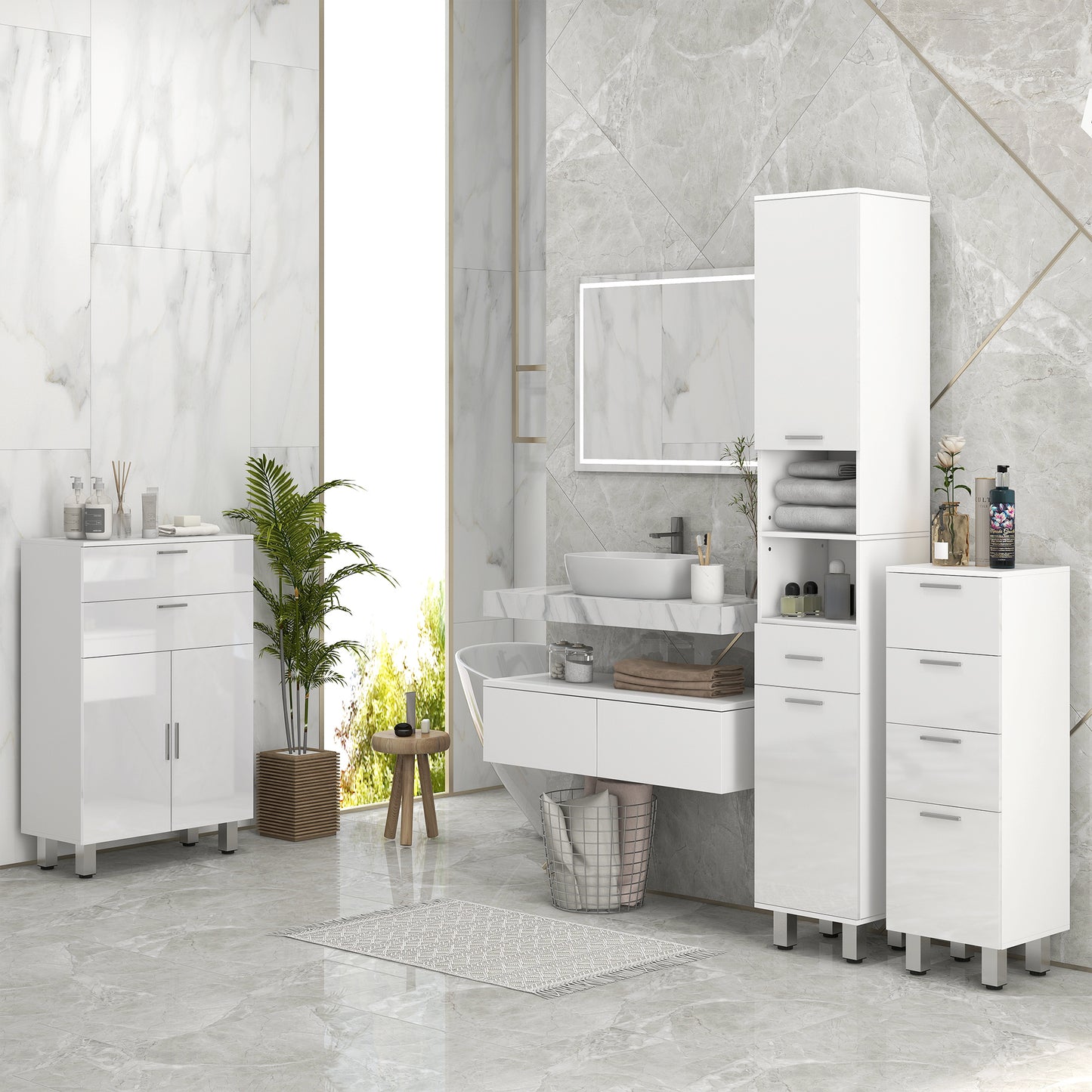 Tall Narrow Bathroom Storage Cabinet Cupboard w/ Cabinets, White