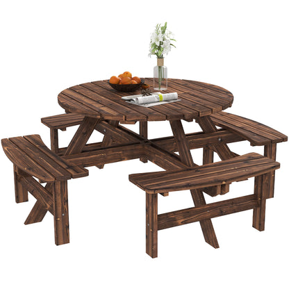 Garden Dining Set, 8 Seater Patio Furniture Set with Round Picnic Table, Parasol Hole for Outdoor Garden, Tan