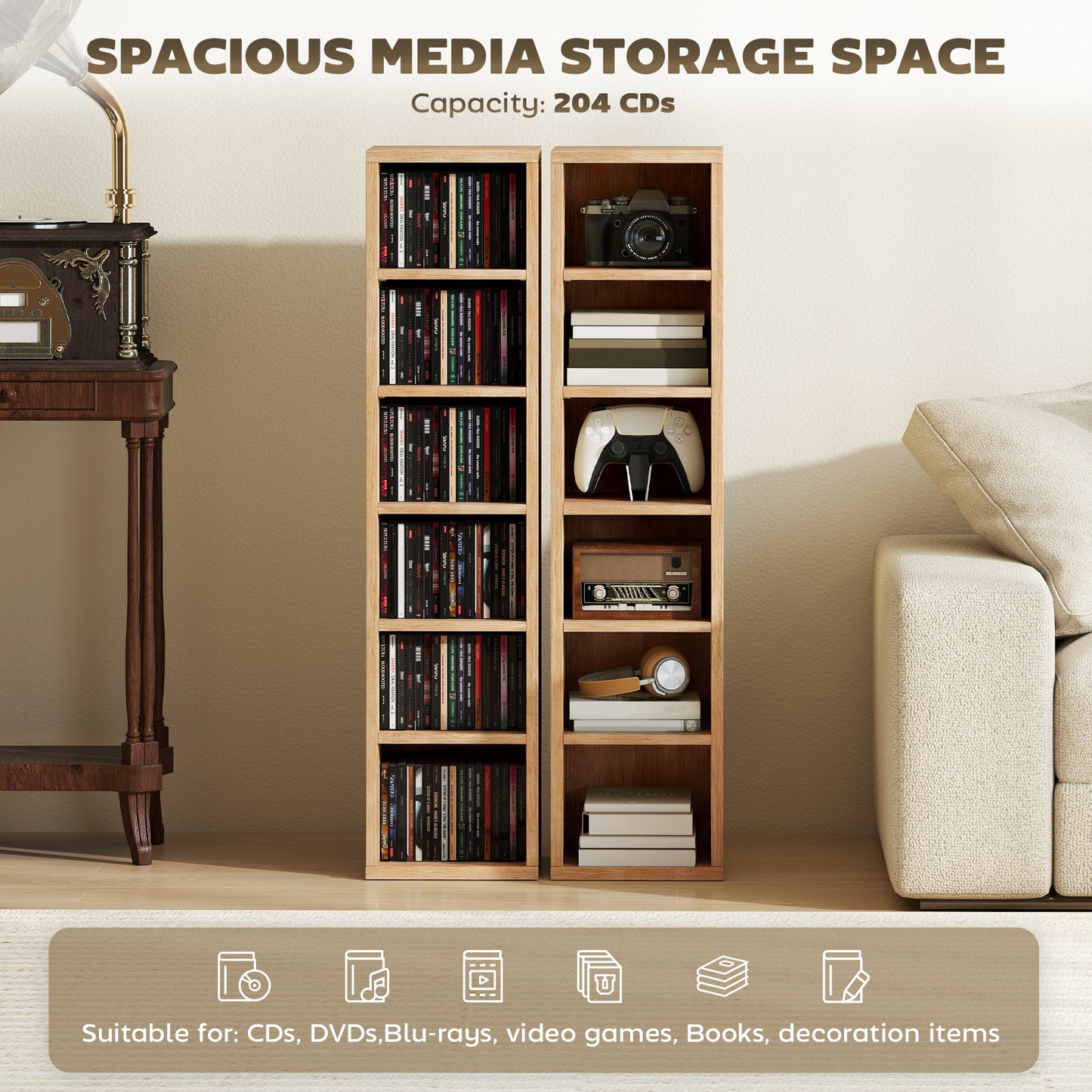 Set of 2 CD Storage Units DVD Shelf with Adjustable Shelves, Natural