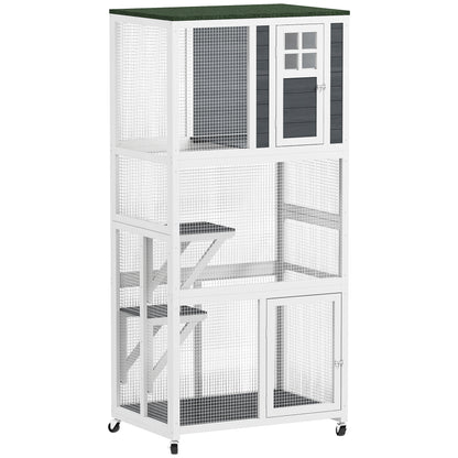 Wooden Cat House with Asphalt Roof, Cat Cage for Multiple Cats White