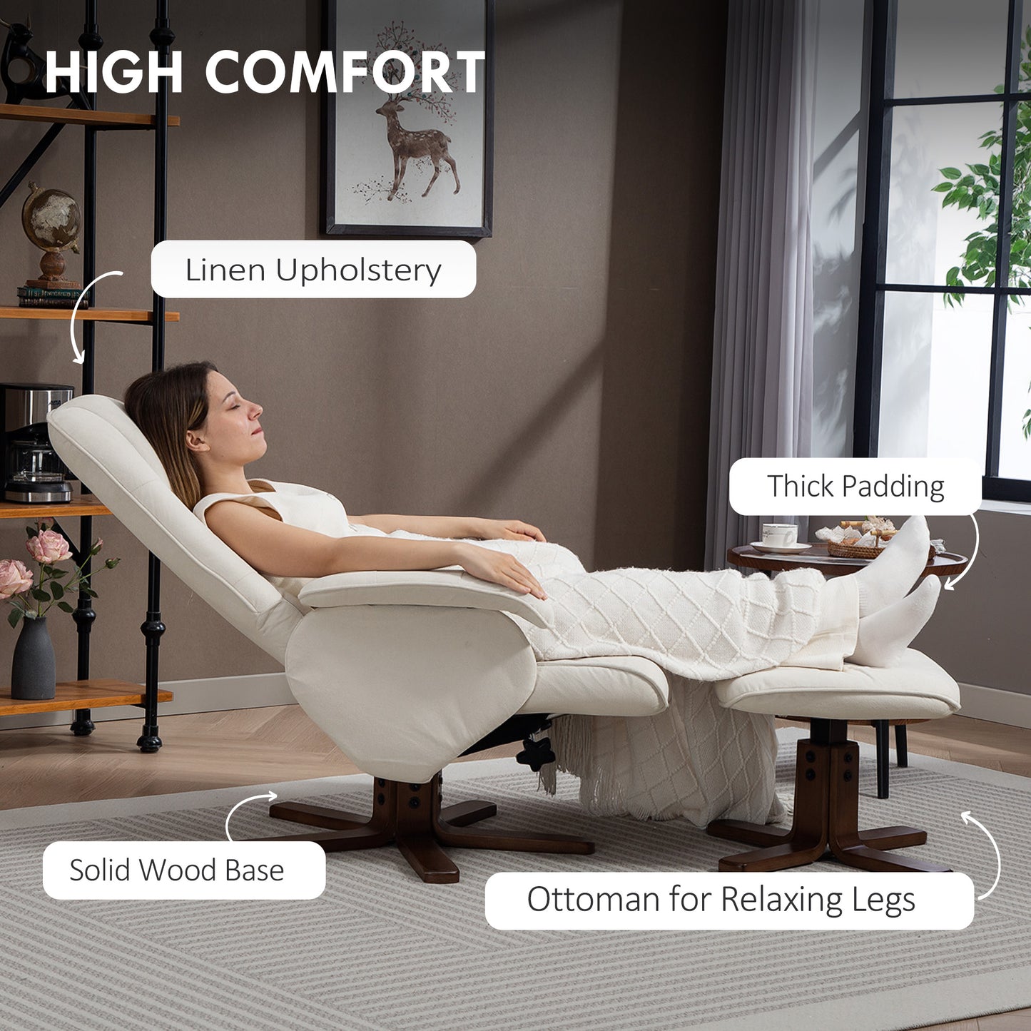 Swivel Recliner Chair with Footstool and Wooden Base, Beige