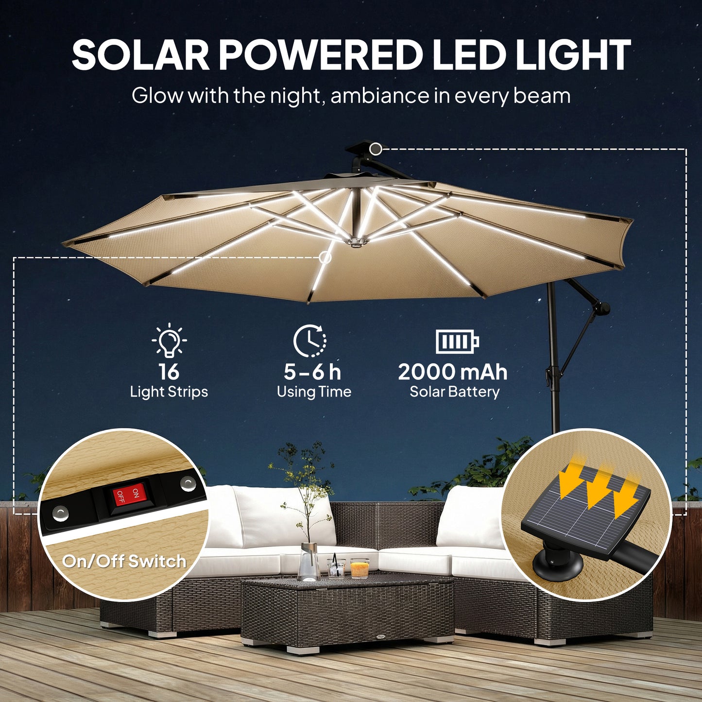 3 m Garden Cantilever Parasol with Solar Light, Rotation, Khaki