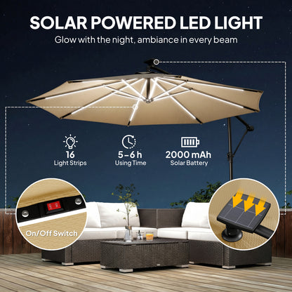 3 m Garden Cantilever Parasol with Solar Light, Rotation, Khaki