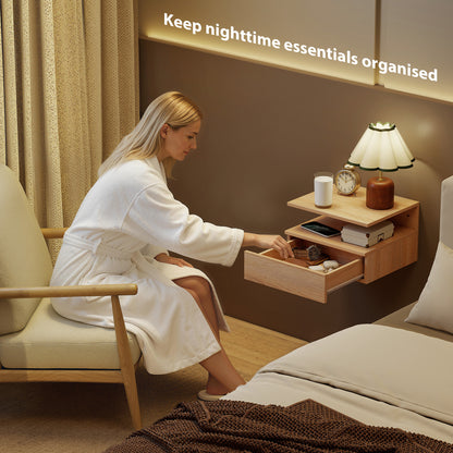 Modern Nightstand Set of 2, Wall Mounted Bedside Cabinet, Oak