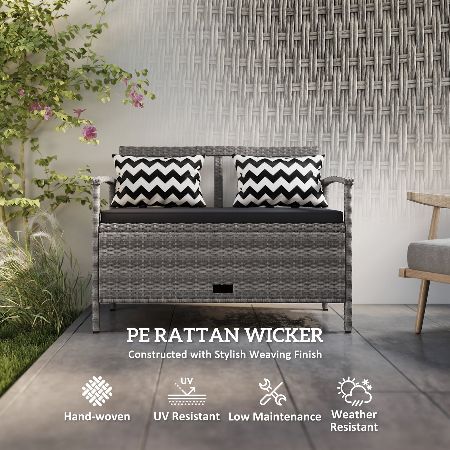 160L Rattan Garden Storage Bench, Cushioned Outdoor Bench, Grey