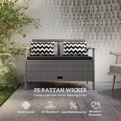 160L Rattan Garden Storage Bench, Cushioned Outdoor Bench, Grey