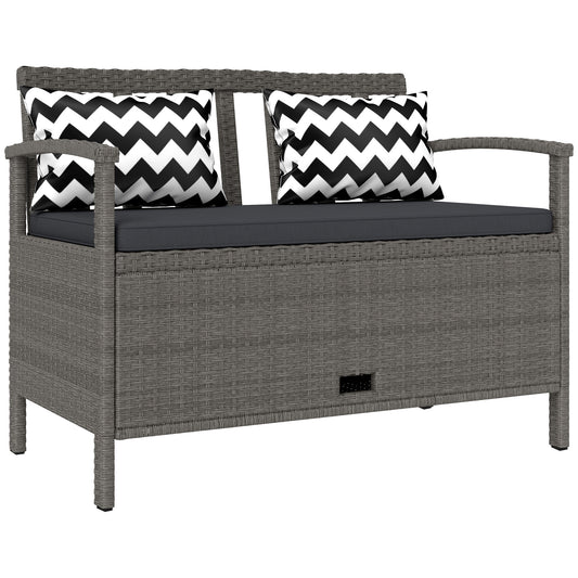 160L Rattan Garden Storage Bench, Cushioned Outdoor Bench, Grey