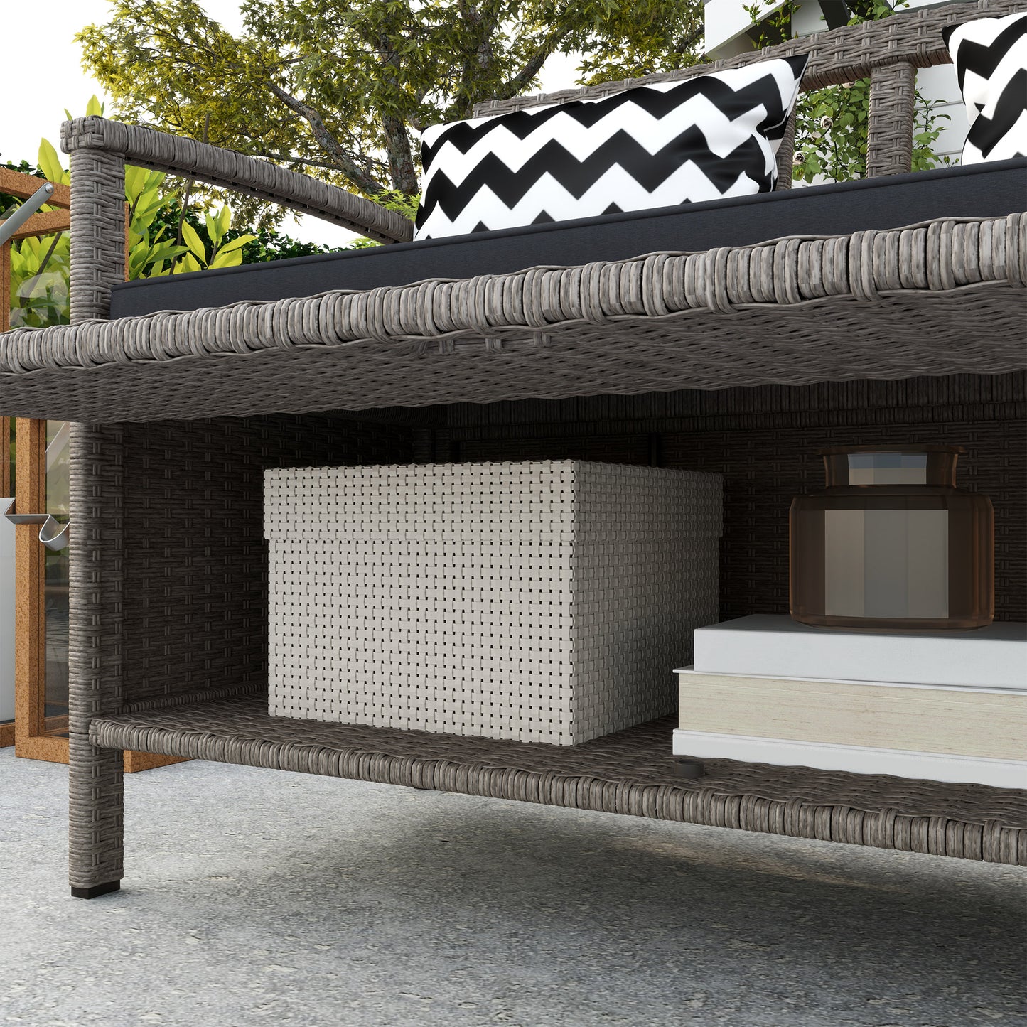 160L Rattan Garden Storage Bench, Cushioned Outdoor Bench, Grey