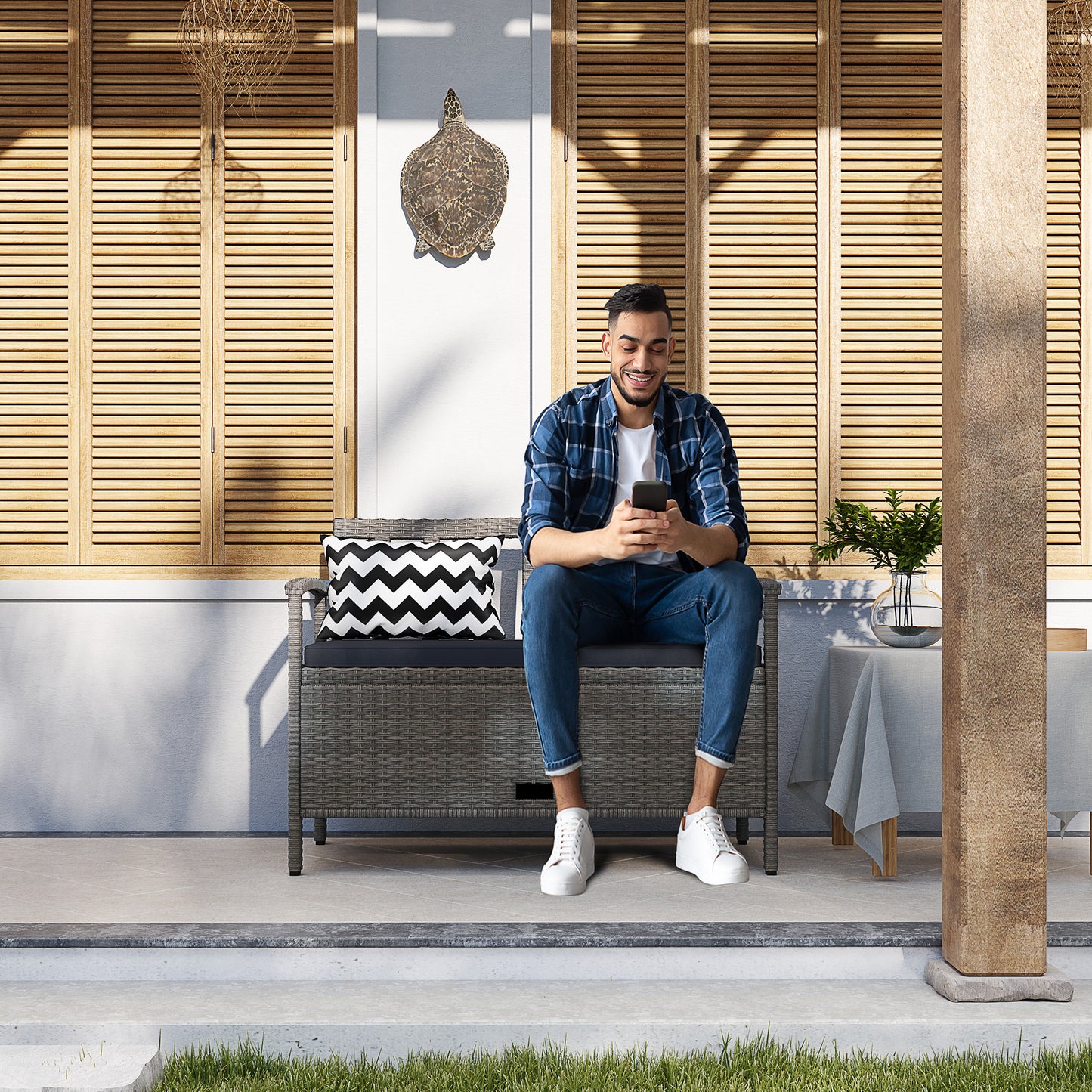 160L Rattan Garden Storage Bench, Cushioned Outdoor Bench, Grey
