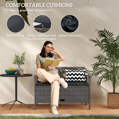 160L Rattan Garden Storage Bench, Cushioned Outdoor Bench, Grey