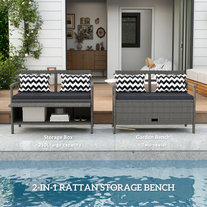 160L Rattan Garden Storage Bench, Cushioned Outdoor Bench, Grey