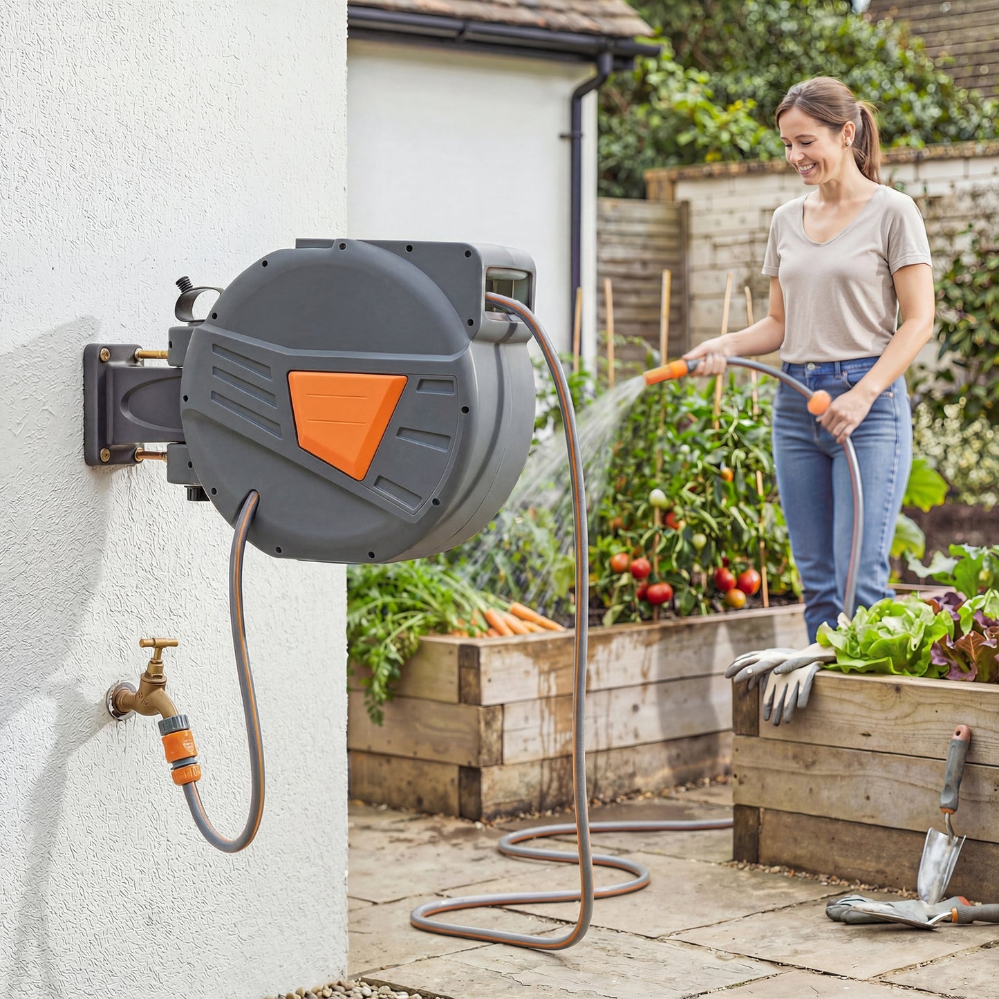 Retractable Hose Reel Wall Mounted, 15+1.6m Hose Pipe Reel, Orange