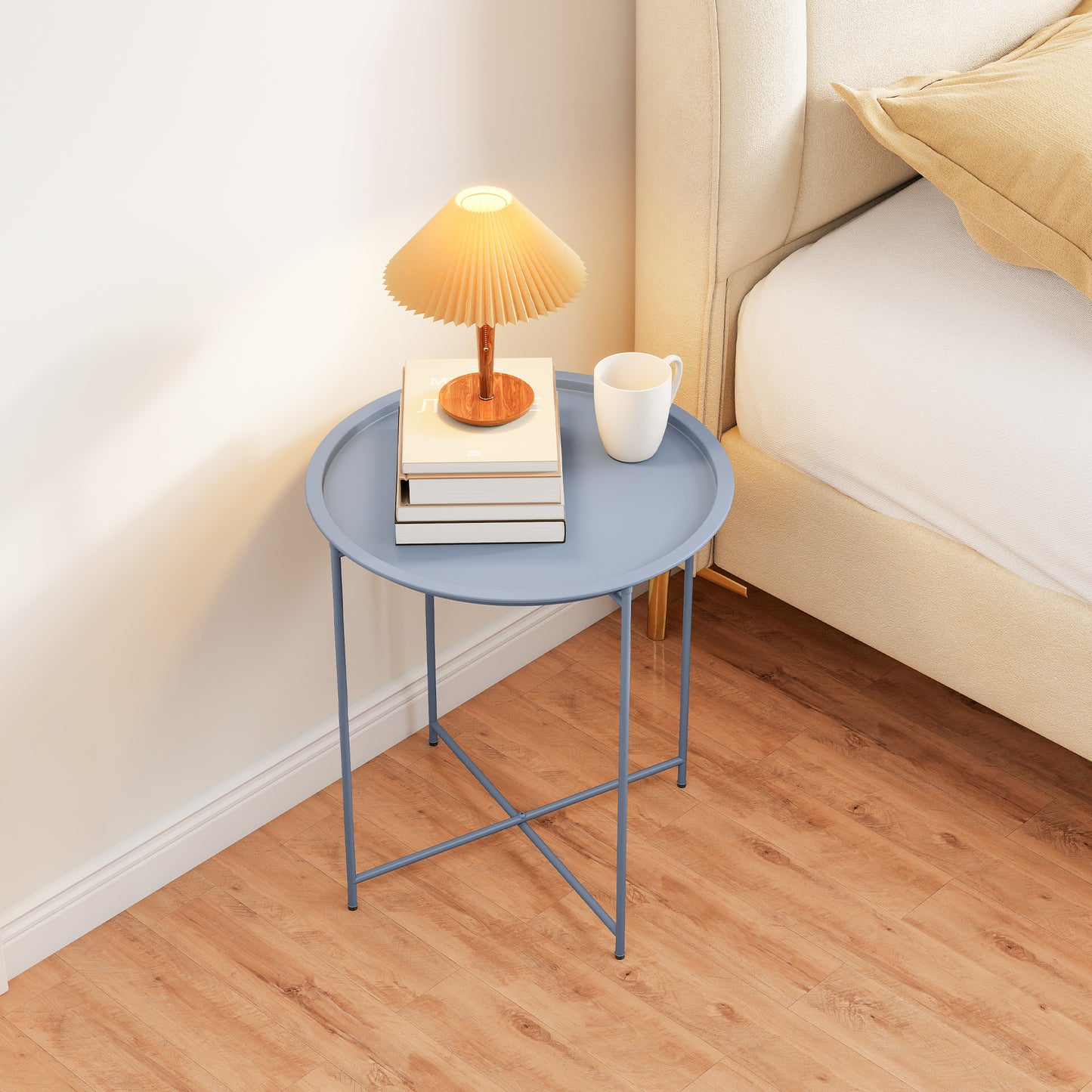 46cm Round Garden Table Side Table with Removable Tray, Blue Grey
