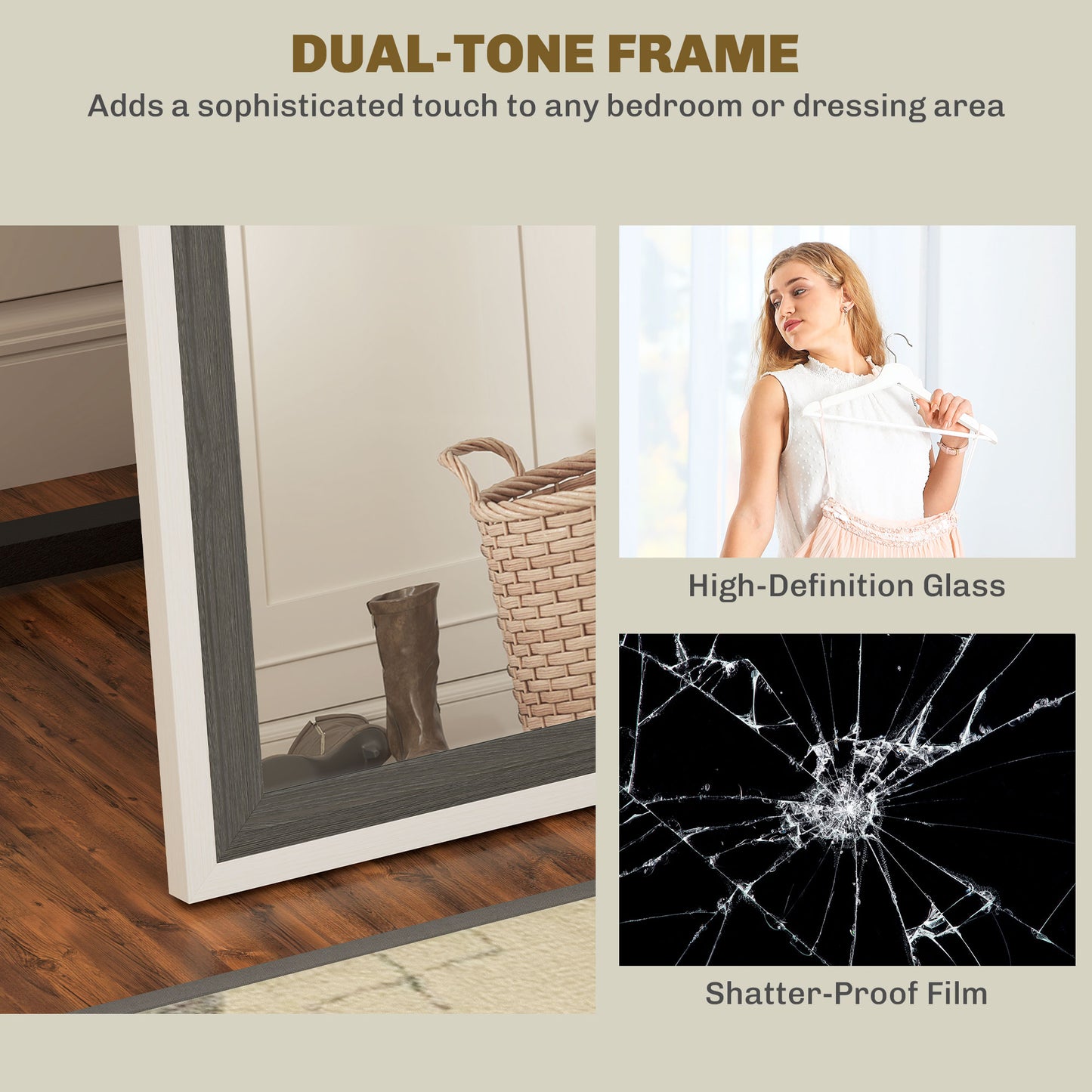 Full Length Mirror, Standing Leaning Wall, 163 x 53 cm, Grey