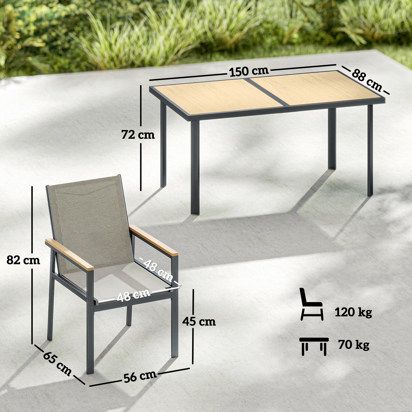 7 Piece Garden Dining Set, Outdoor Table and 6 Chairs, Khaki