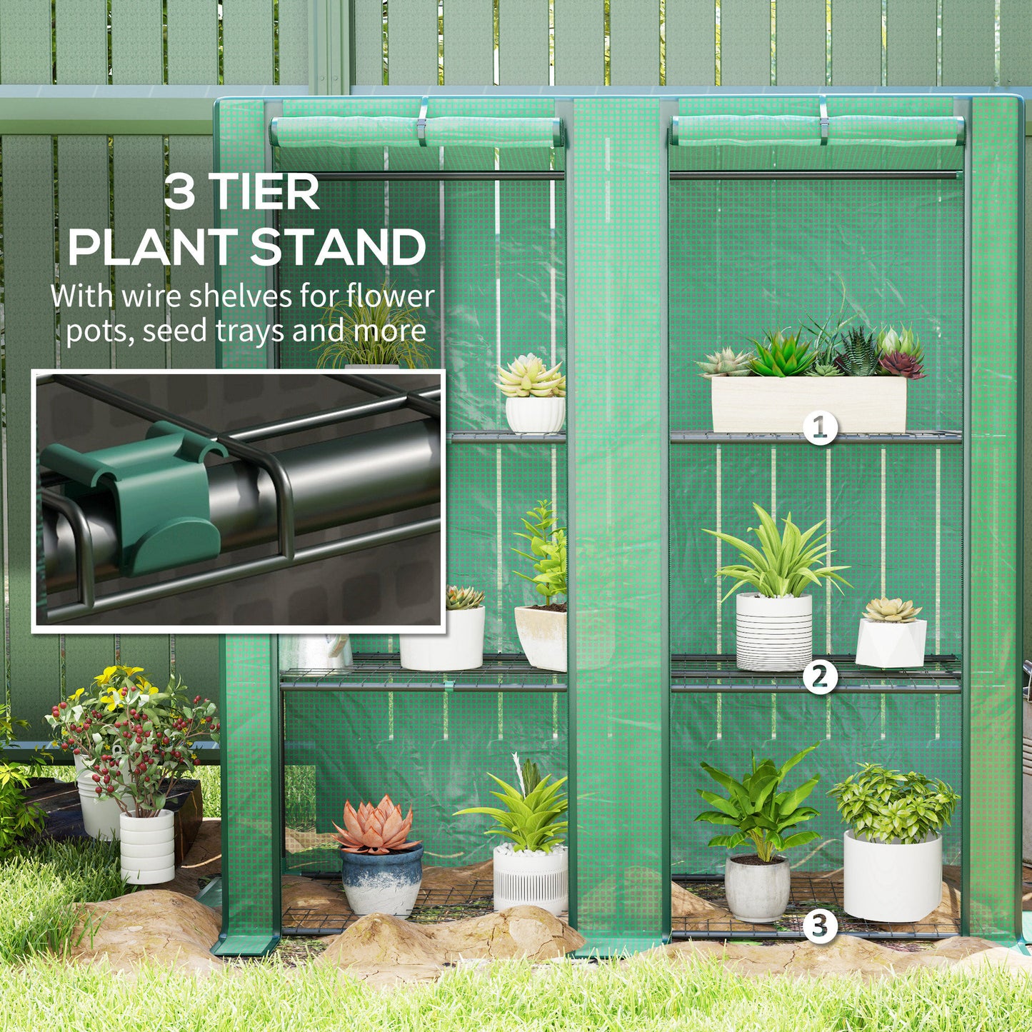 3 Tier Lean-to Mini Greenhouse with Green Hemmed Edging, Green