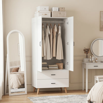 2-Door Wardrobe, Modern Deep Wardrobe with 2 Drawers and Hanging Rail for Bedroom, Flats, 80 x 54 x 180 cm, White