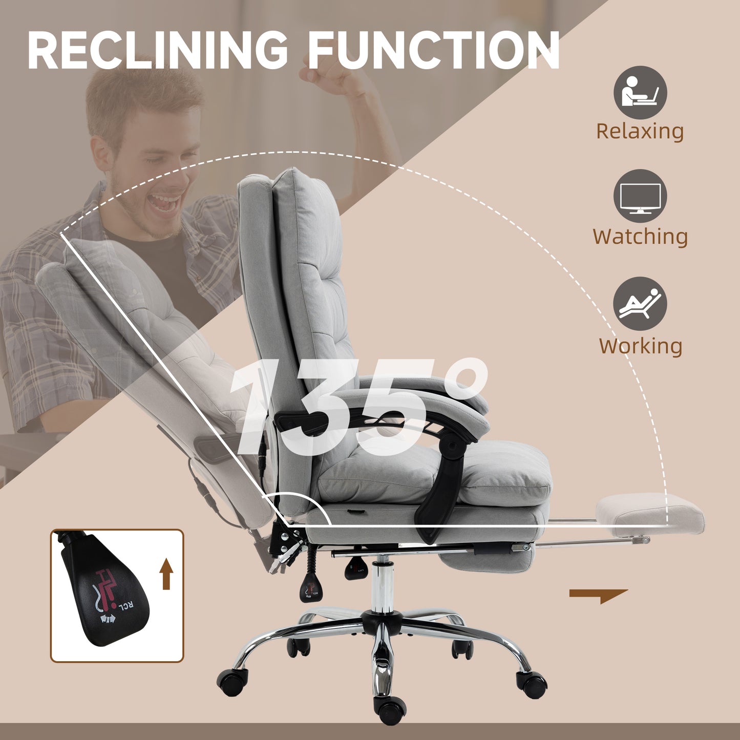 Vibration Massage Office Chair with Heat, Microfibre Computer Chair with Footrest, Armrest, Reclining Back, Double-tier Padding, Grey