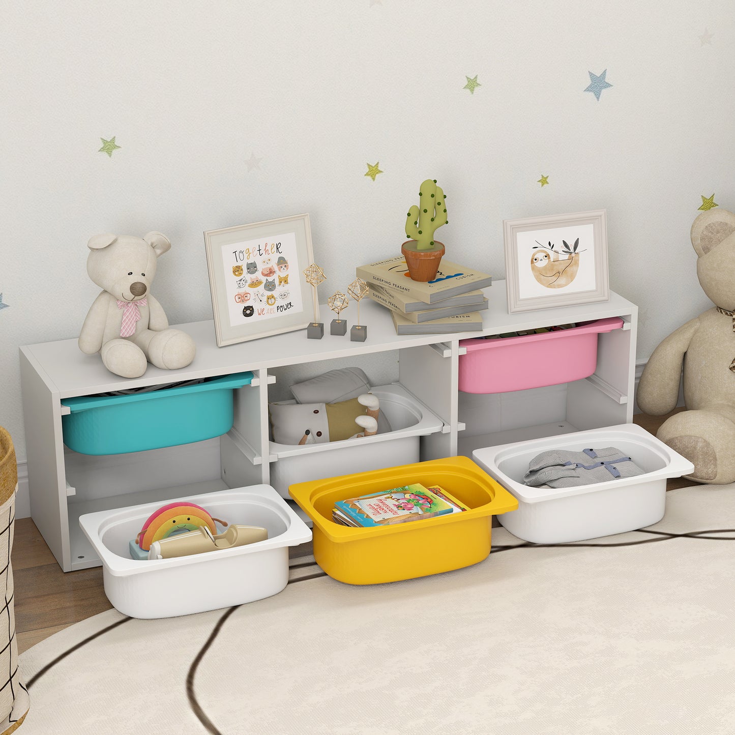 2 Tiers Toy Storage Organiser with 6 Plastic Bins, Low Height