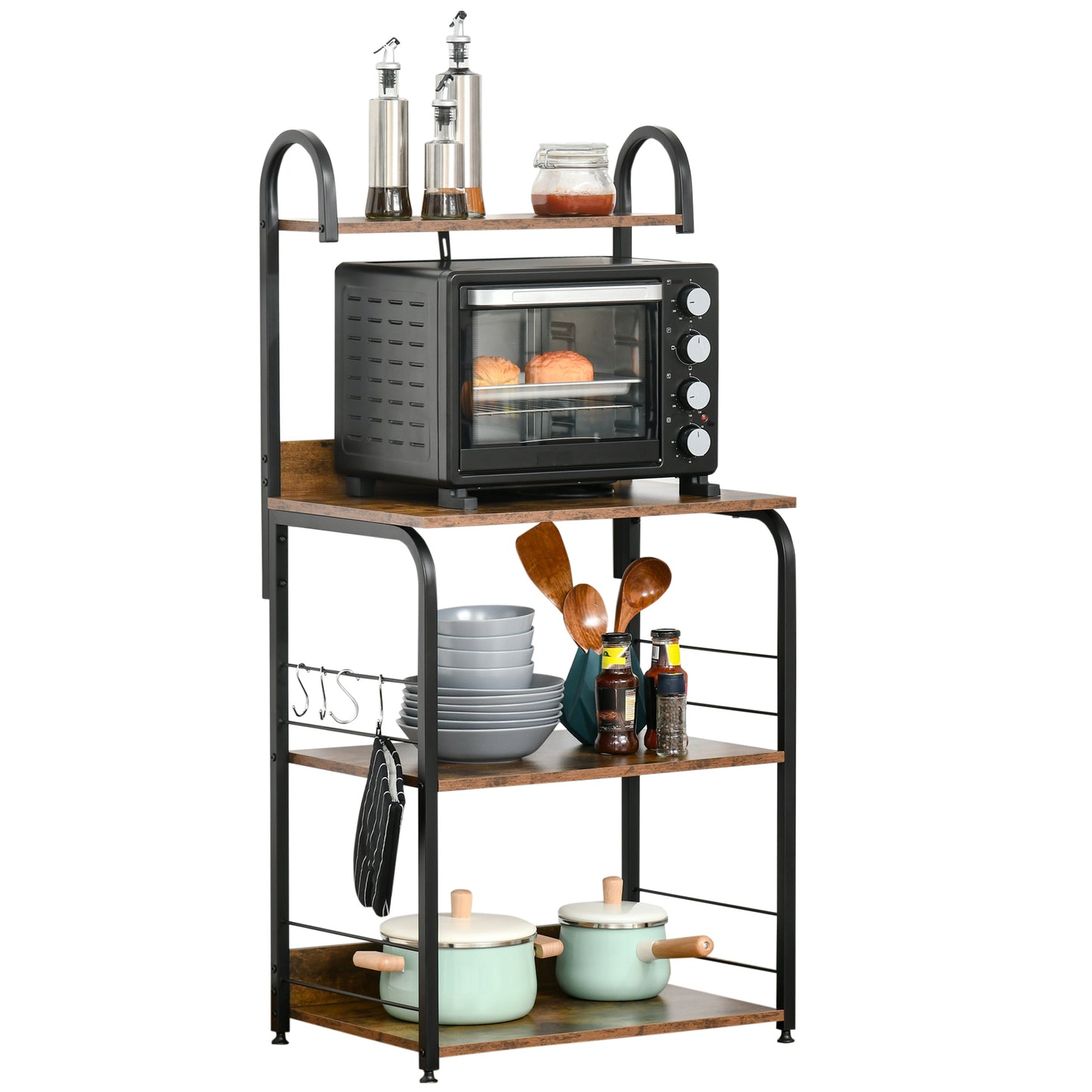 4-Tier Baker's Rack with Storage, Microwave Stand with 4 Hooks