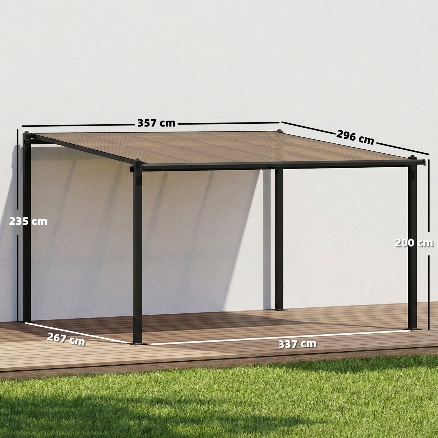 3.6 x 3 m Lean to Garden Pergola with Drainage Gutters, Dark Grey