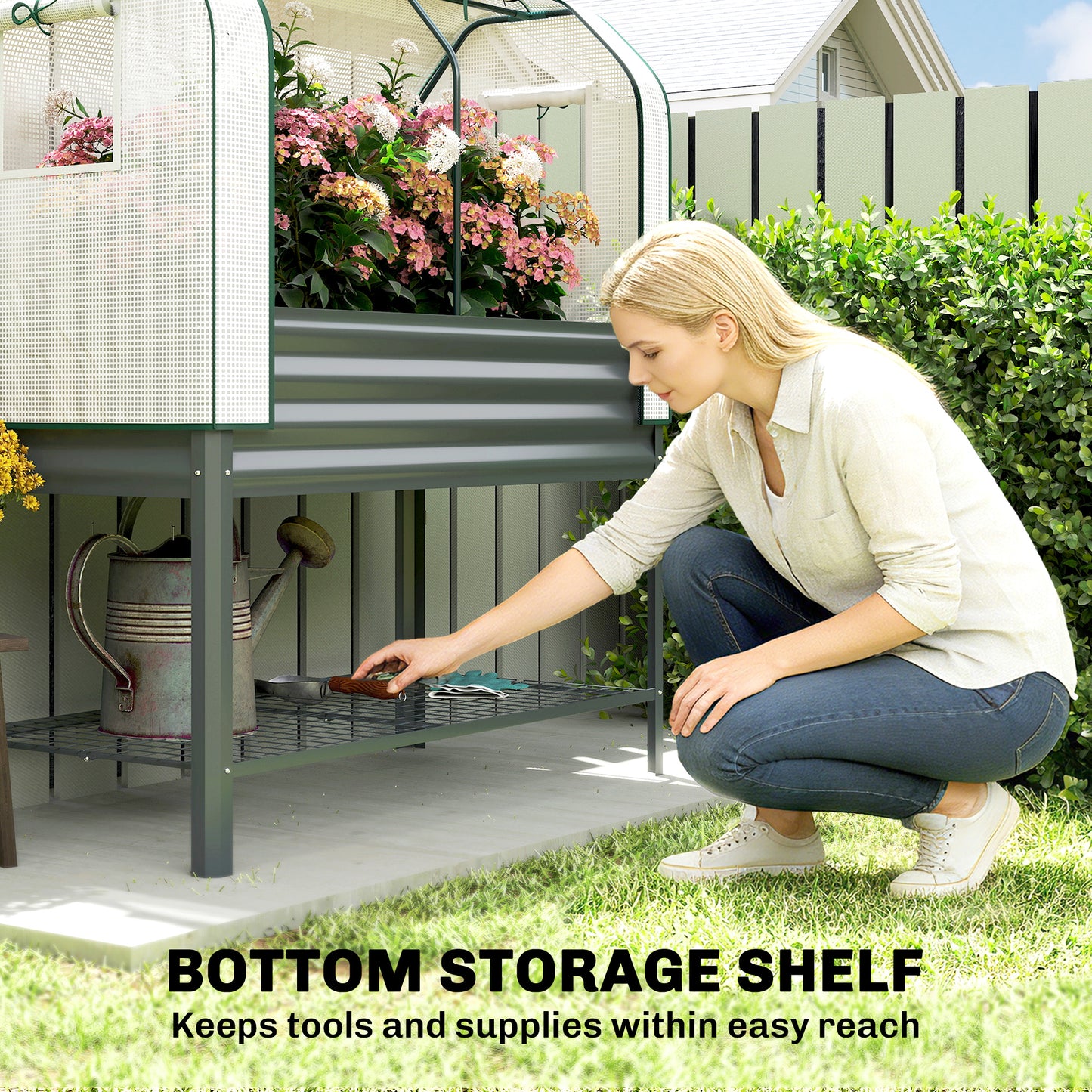 Galvanised Raised Planter with Greenhouse Cover and Bottom Shelf