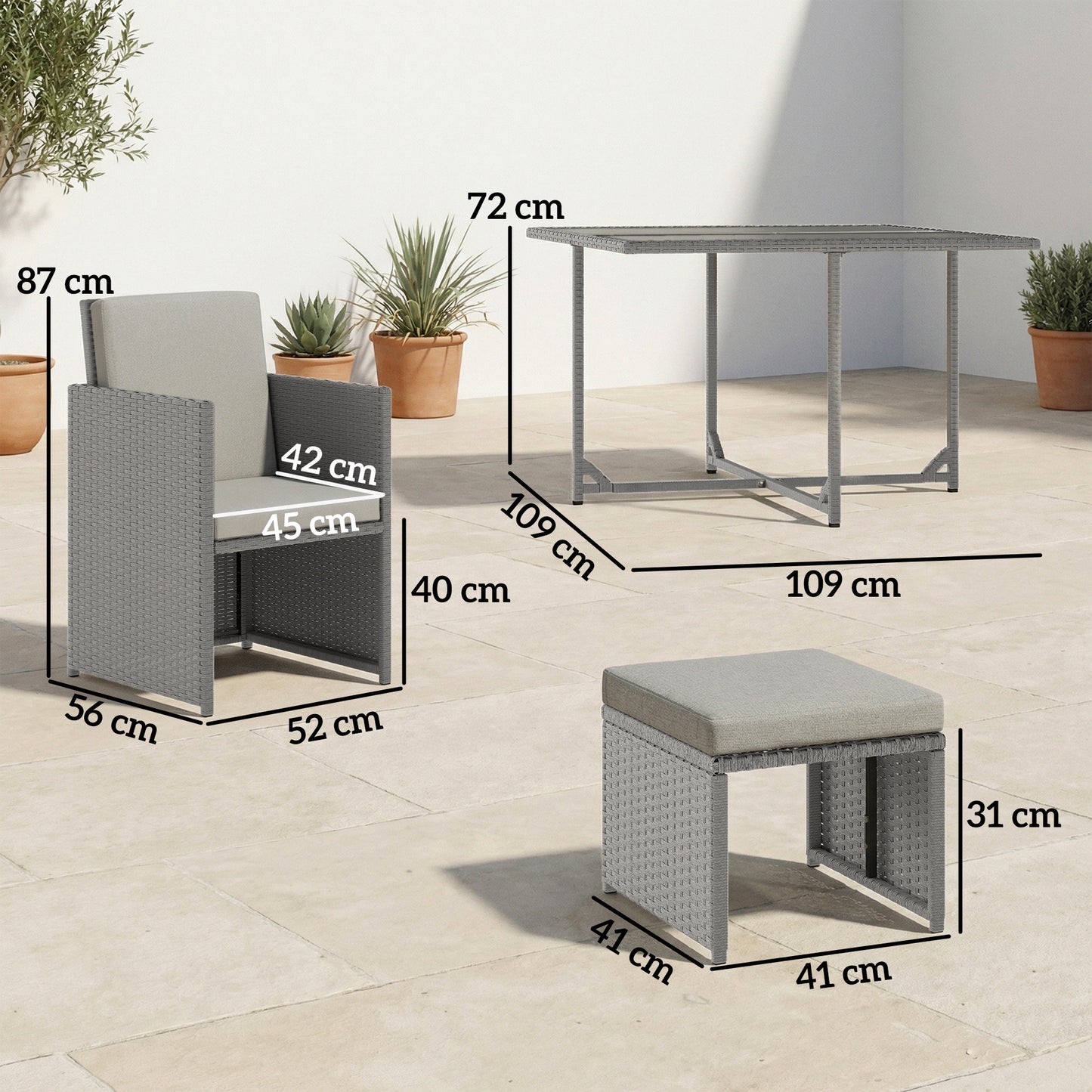 8 Seater Cube Rattan Garden Dining Set with Cushions, Light Grey